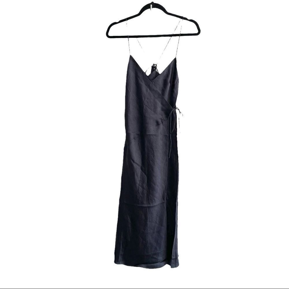 J. LINDEBERG Sleeveless Faux Wrap Midi Dress Front Slit Navy Blue 34
